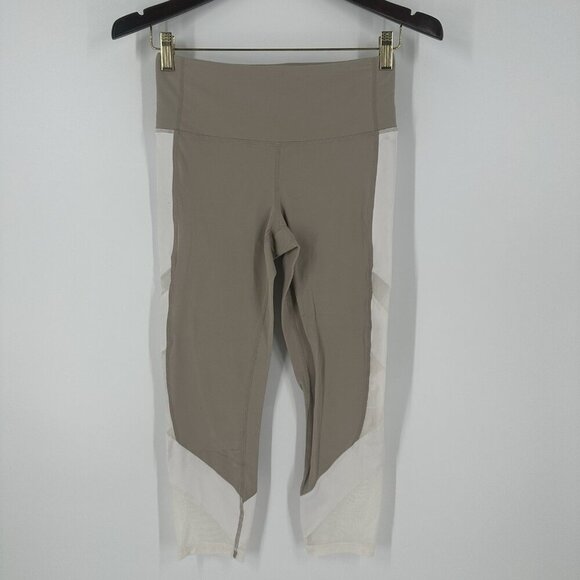 Athleta Exhale Mesh Capri Leggings Quail Beige White Mesh Cutouts Size Small - Picture 1 of 11